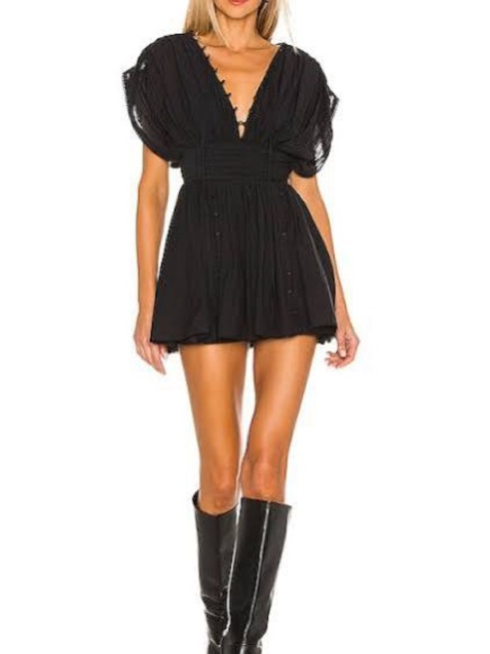 Tularosa Marlee Black V-Neck Puff Sleeve Romper